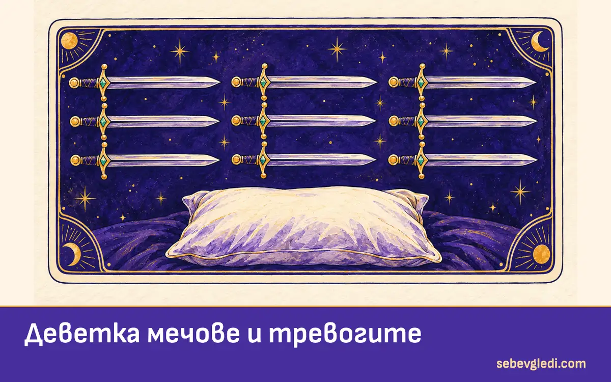 Деветка мечове с девет успоредни меча над празна възглавница