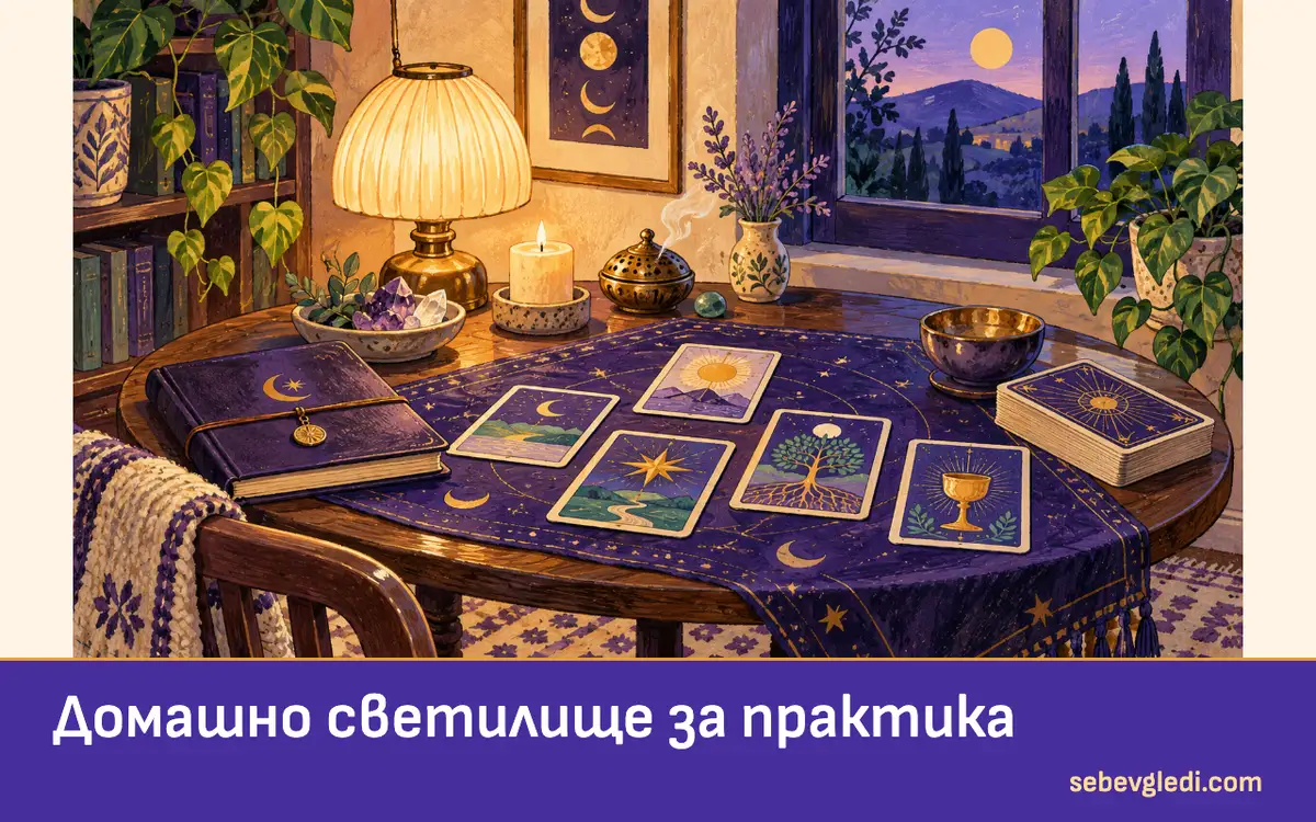 Домашен кът с маса, таро карти, тетрадка и мека лампа