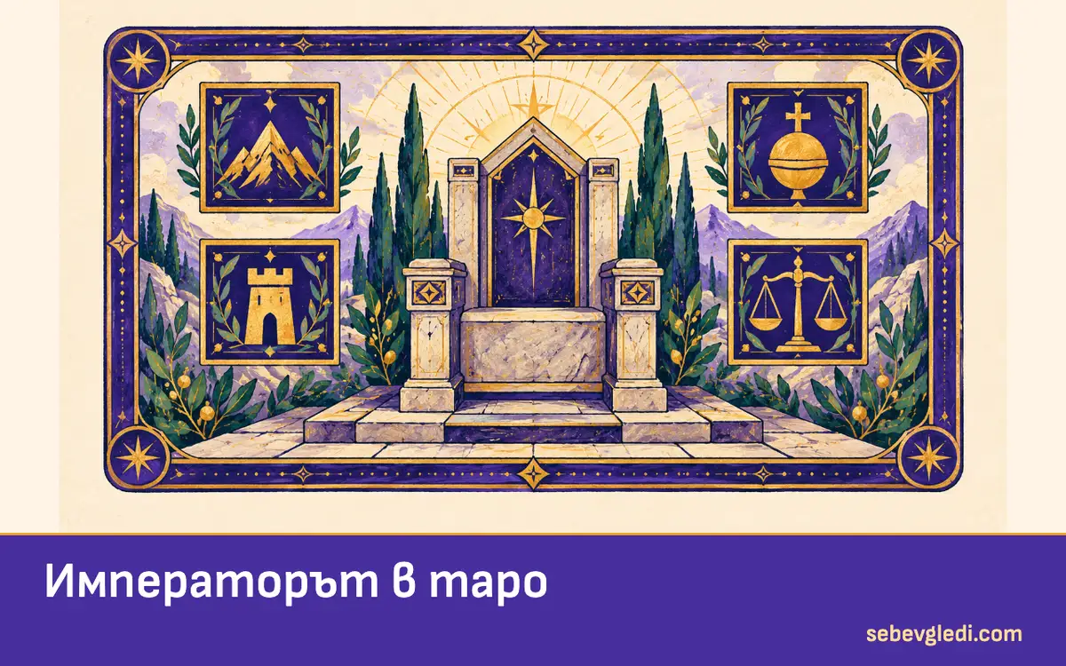 Карта на Императора с каменен трон и четири структурни орнамента