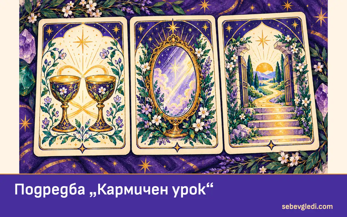 Три таро карти със символи на връзката и двата лични урока