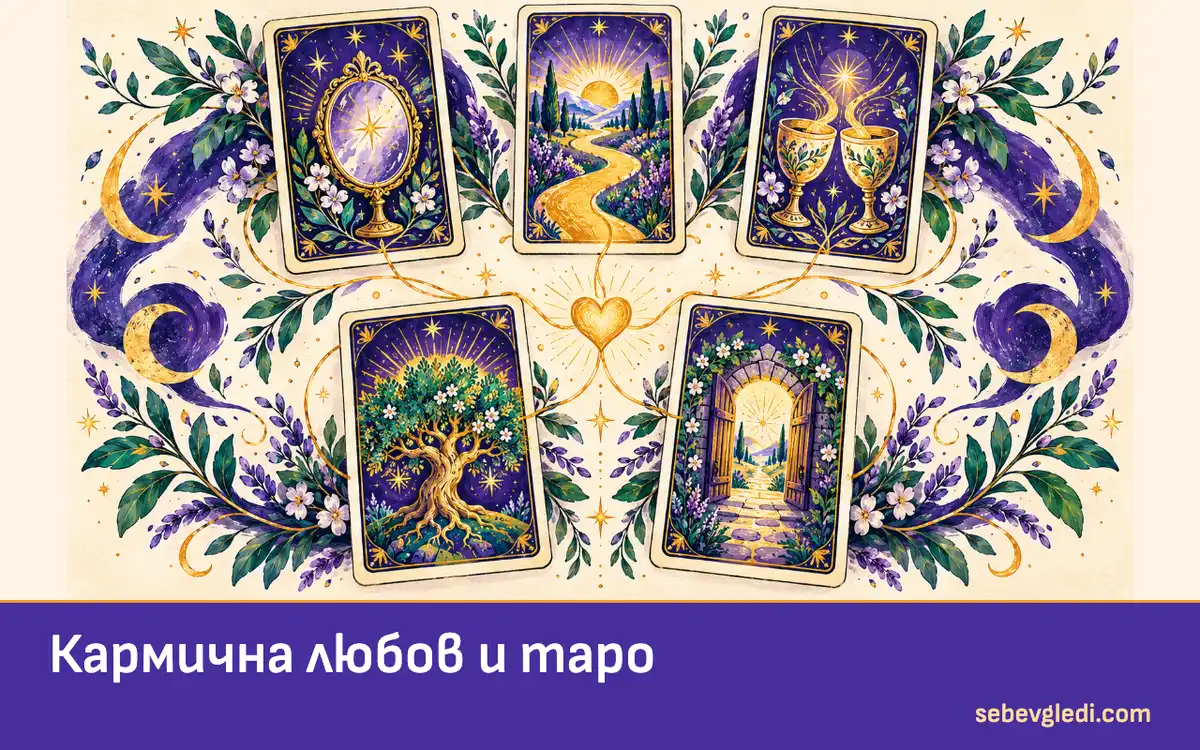 Пет таро карти със свързваща нишка в любовна подредба