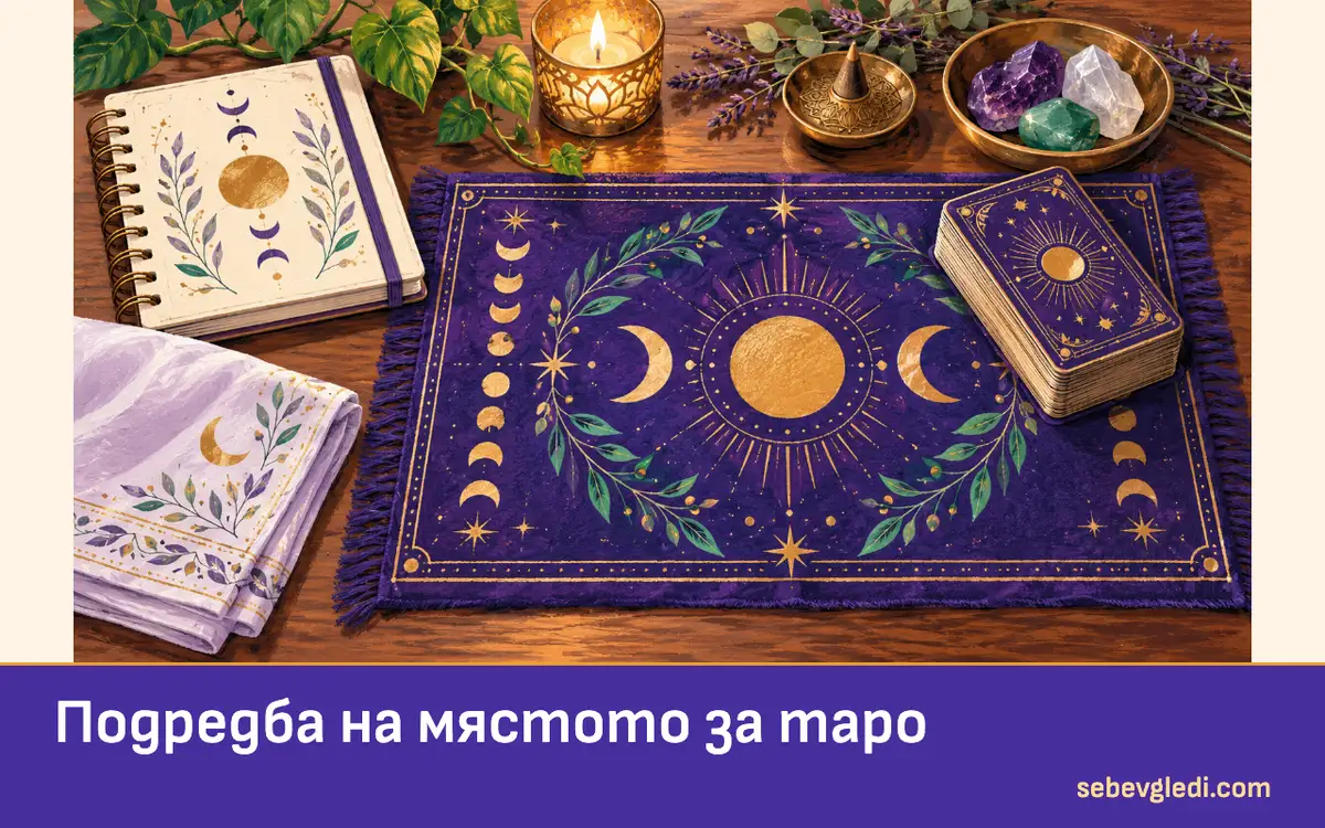 Подложка за таро карти до тетрадка и сгъната кърпа върху маса