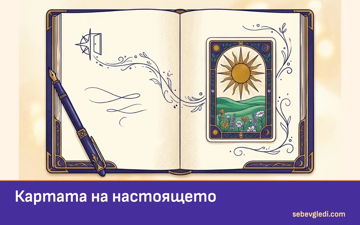 Една централна таро карта до бележки за настоящия момент