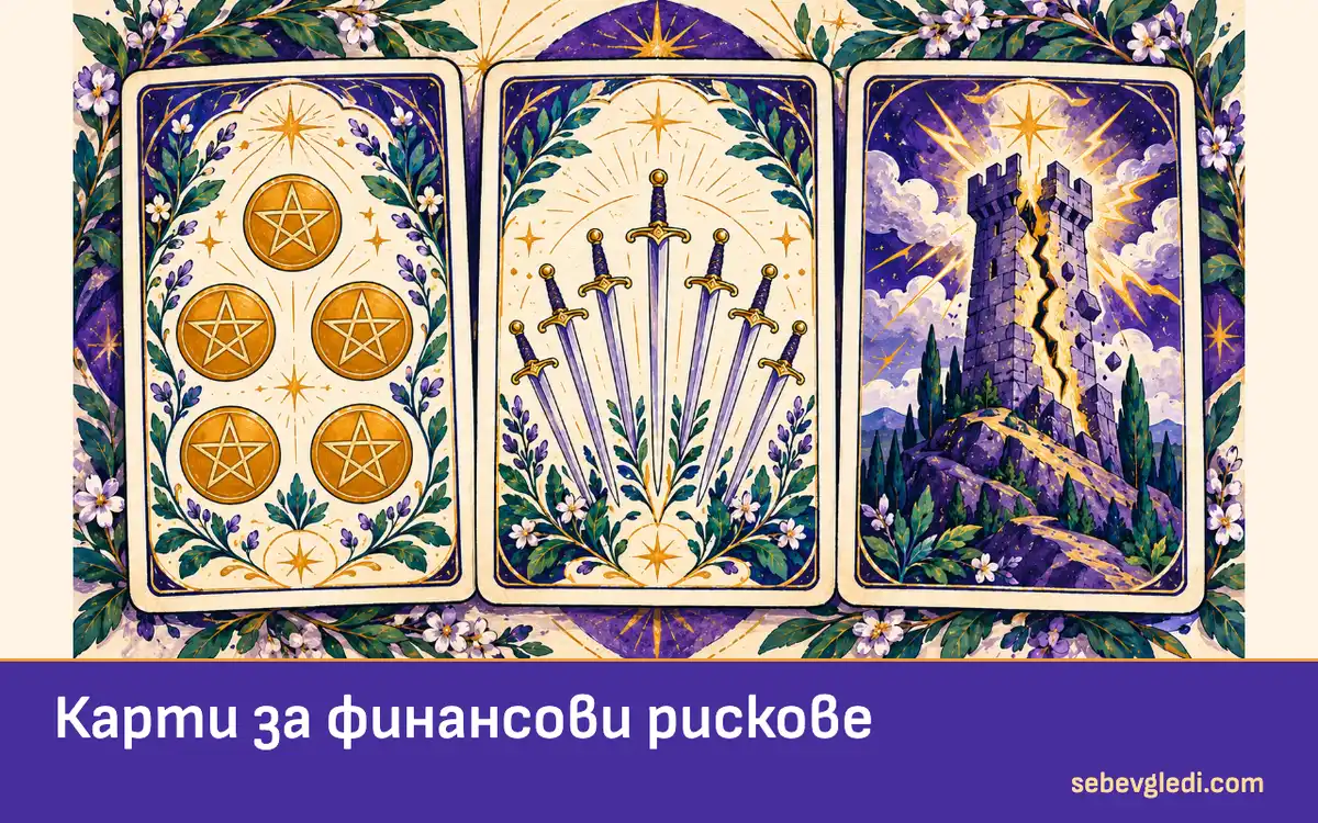 Пет пентакли, Седем мечове и Кулата в три отделни карти