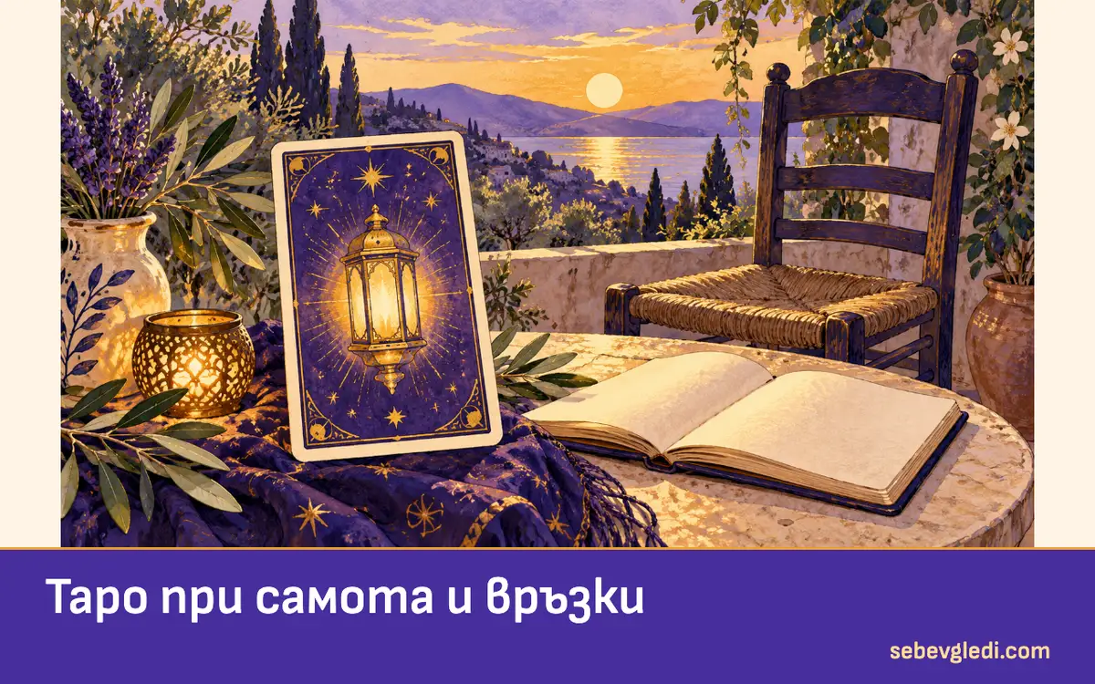 Таро карта с фенер до празен стол и бележник за личен размисъл