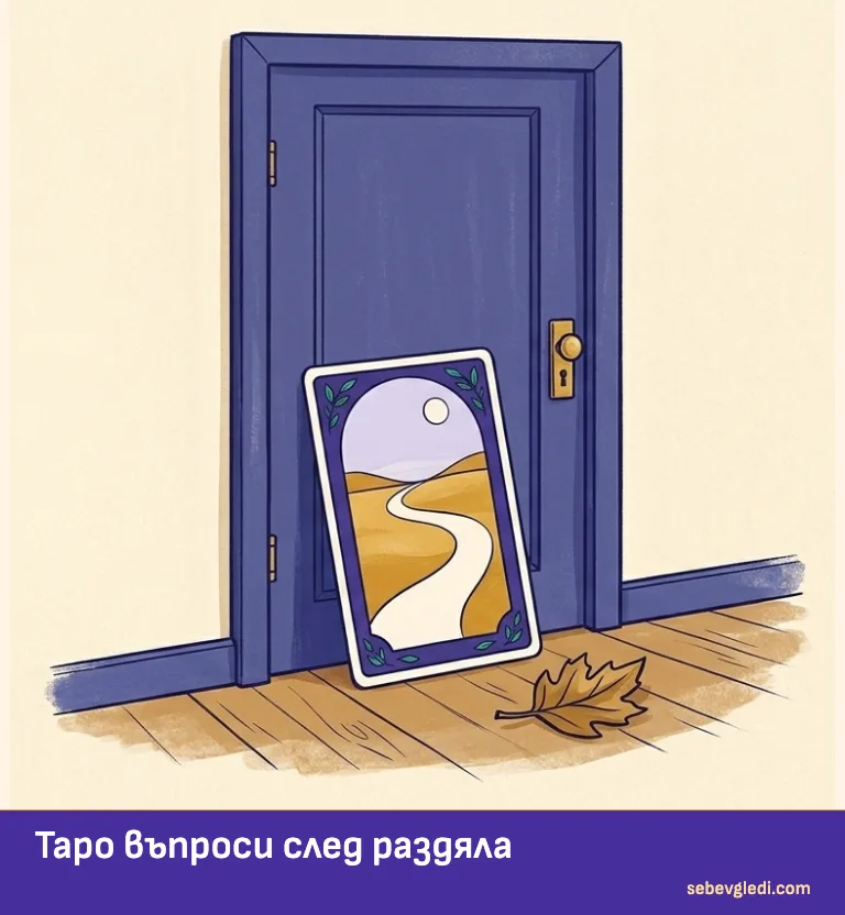 Таро карта пред затваряща се врата и пътека от листа