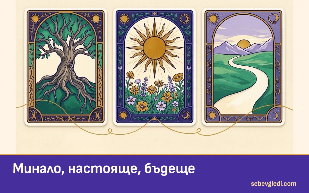 Три таро карти в хоризонтална линия със златна нишка