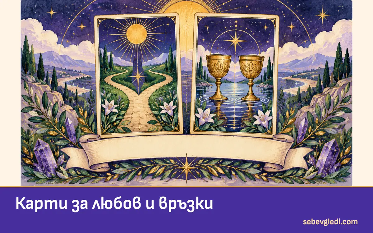 Две таро карти с мотив за избор и две чаши в равновесие