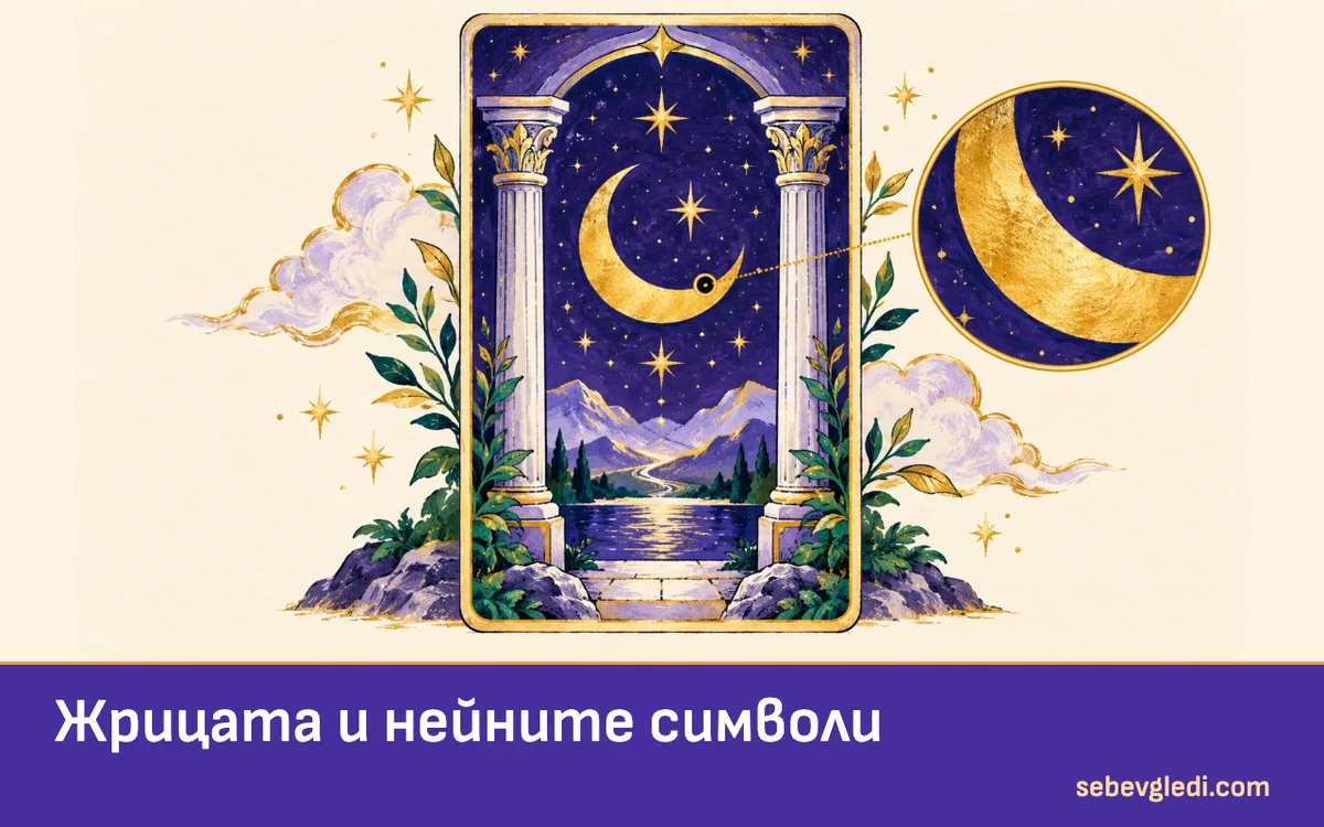 Лунна таро карта между два стълба с увеличен символен детайл