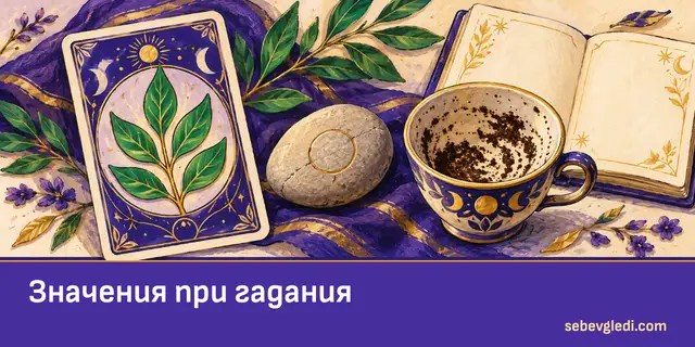 Таро карта, камъче със знак и чаша кафе до наръчник за символи
