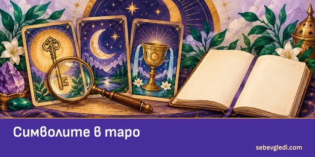 Мотиви на ключ, луна и чаша върху таро карти до бележник