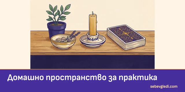 Таро колода, свещ и растение в домашно пространство за практика