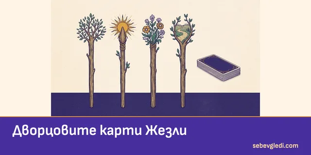 Четири украсени жезъла до колода с дворцови таро карти