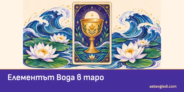 Вълна и водни лилии около таро карта с чаша