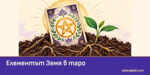 Таро карта с пентакъл сред корени и зелено растение