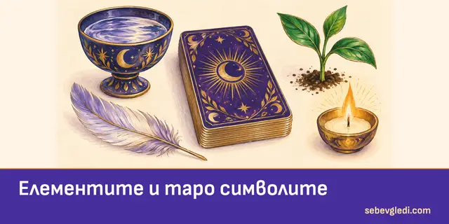 Вода, перо, растение и пламък около таро колода