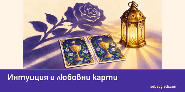 Фенер осветява карти с чаши за интуицията в любовта