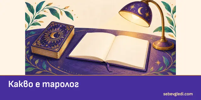 Колода, бележник и лампа върху работна маса на таролог