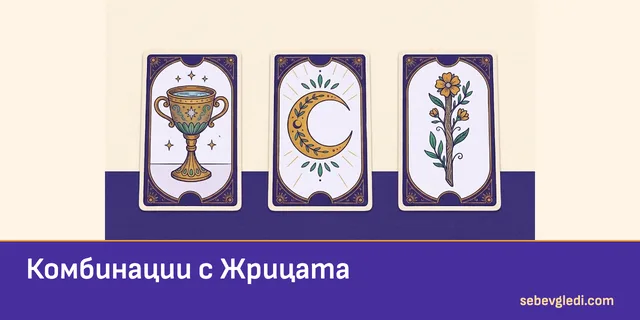 Лунна карта на Жрицата между чаша и разцъфнал жезъл