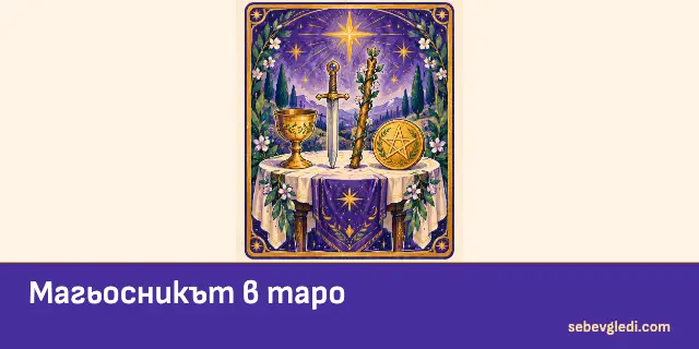 Карта на Магьосника с чаша, меч, жезъл и пентакъл