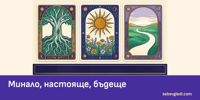 Три таро карти с корени, градина и пътека за минало, настояще и бъдеще