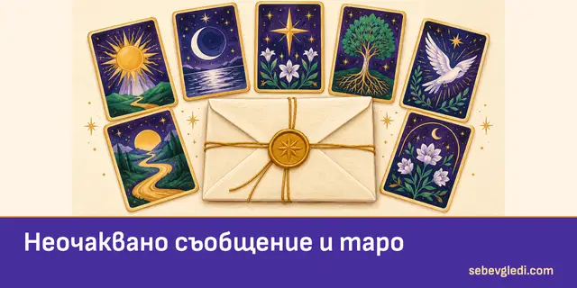Запечатано писмо сред седем таро карти за неочаквано съобщение