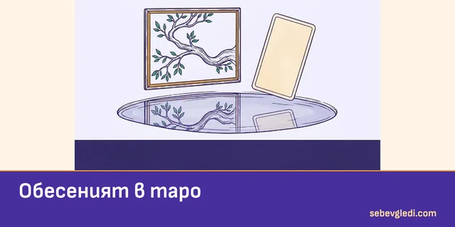 Обърната таро карта и отражение на клон за символиката на Обесения