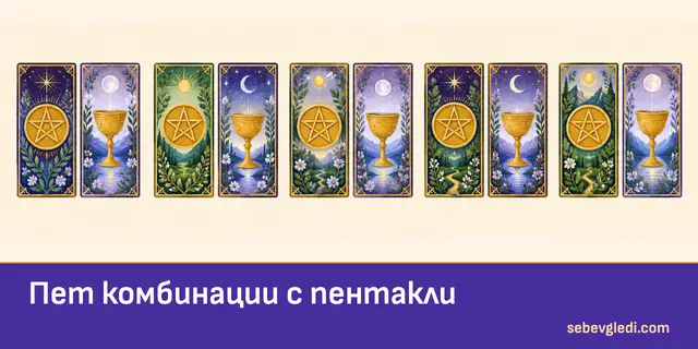 Пет двойки таро карти с пентакли и чаши