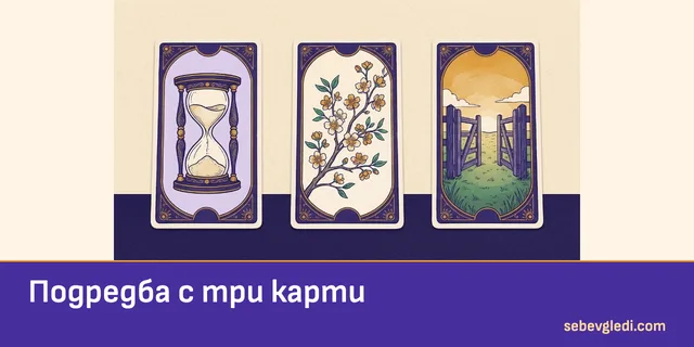 Три таро карти с пясъчен часовник, клон и отворена врата
