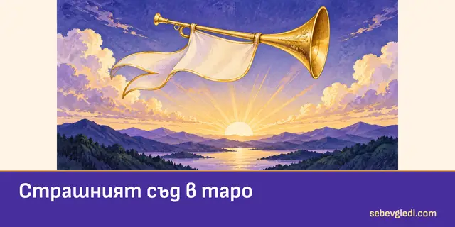 Златна тръба и бяло знаме над изгрев за Страшният съд