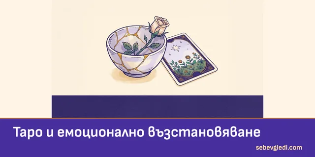 Керамична купа със златни шевове и роза до таро карта