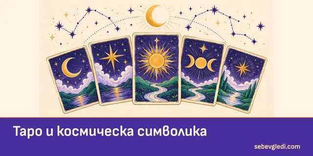 Таро карти под звездно небе и златен полумесец