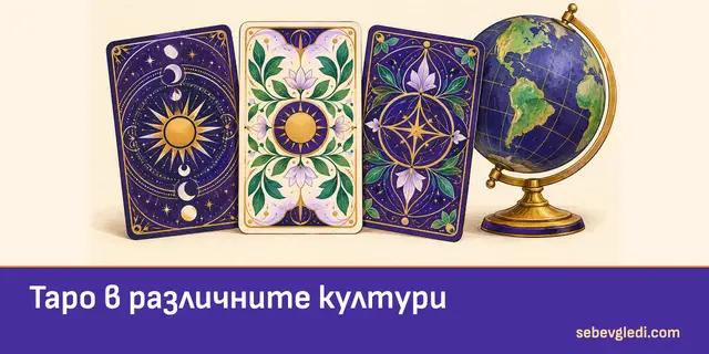 Различни орнаменти върху гърбове на таро карти до глобус