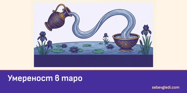 Два съда с преливаща вода и ириси за картата Умереност