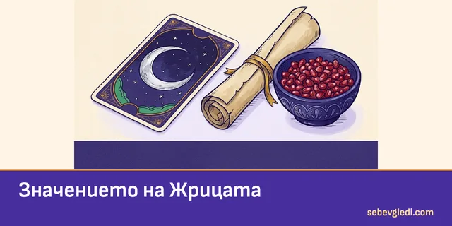 Лунна карта, свитък и нар за значението на Жрицата